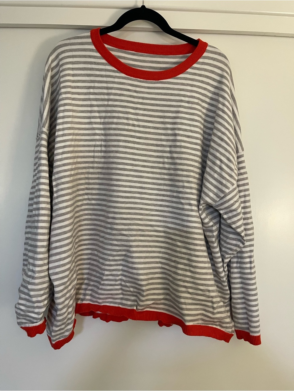 Women’s Gray & White Stripe Long-Sleeve sweater  Top with Red Trim